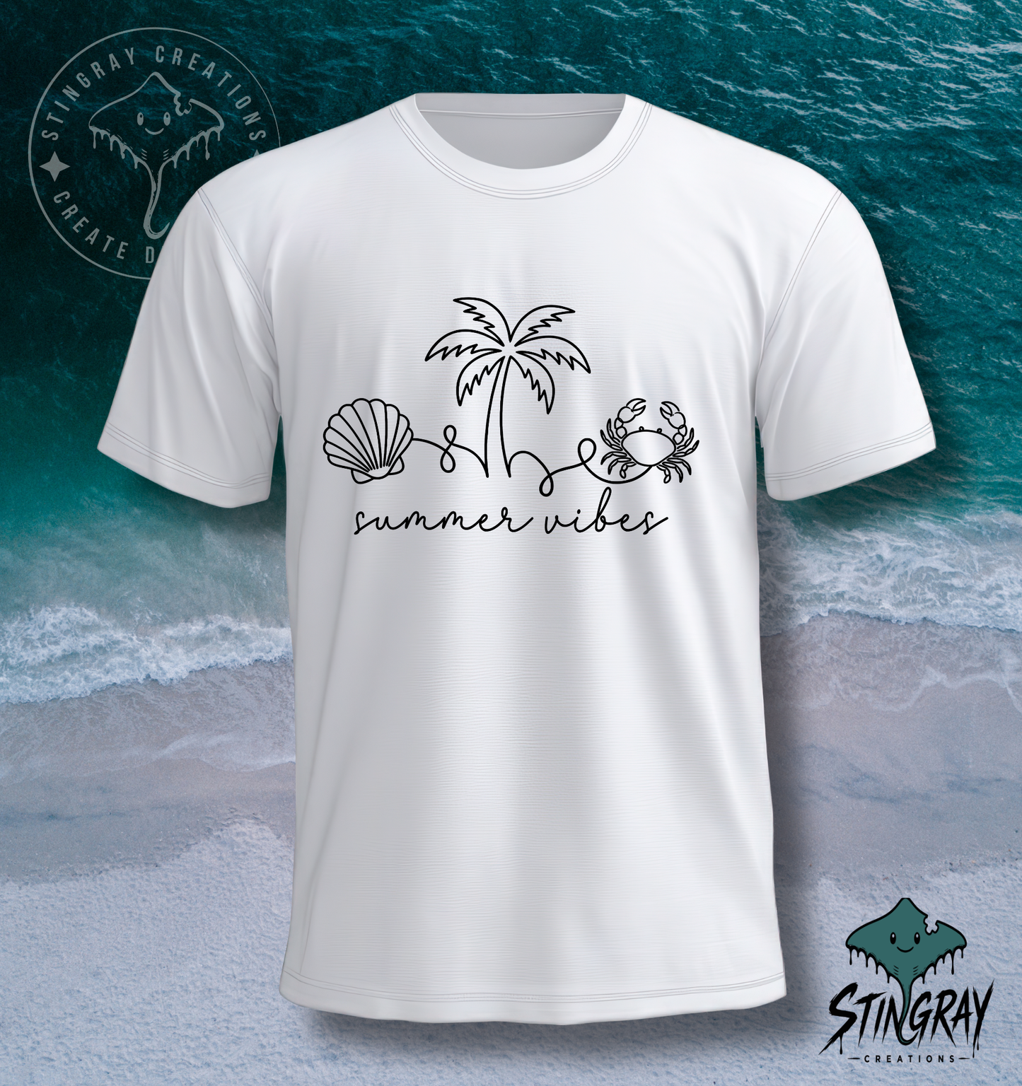 Summer Vibes Beach T Shirt | Coastal Graphic Tee | Shell Palm Tree Crab Shirt | Summer Vacation Shirt