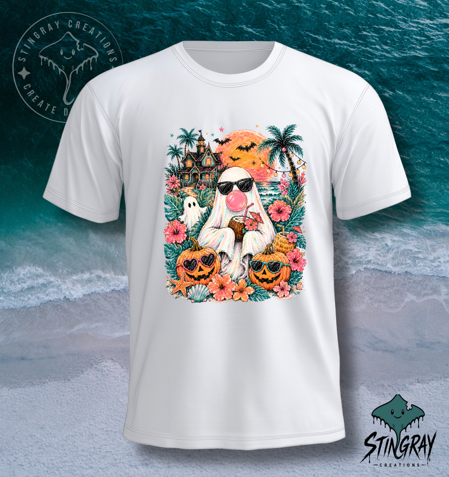 Summerween Beach Ghost T Shirt | Tropical Halloween Graphic Tee