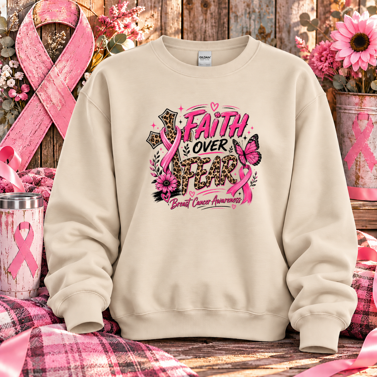 Faith Over Fear Breast Cancer Awareness T-Shirt & Sweatshirt