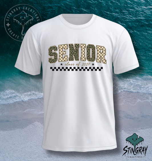 Senior Class of 2027 Checkered Leopard Print T Shirt & Crewneck Sweatshirt