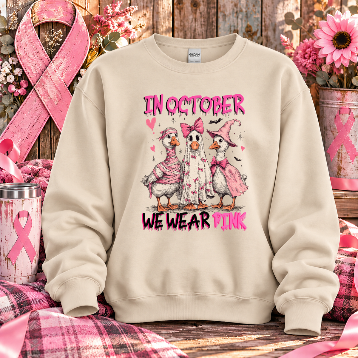 In October We Wear Pink Duck Breast Cancer Awareness T-Shirt & Sweatshirt