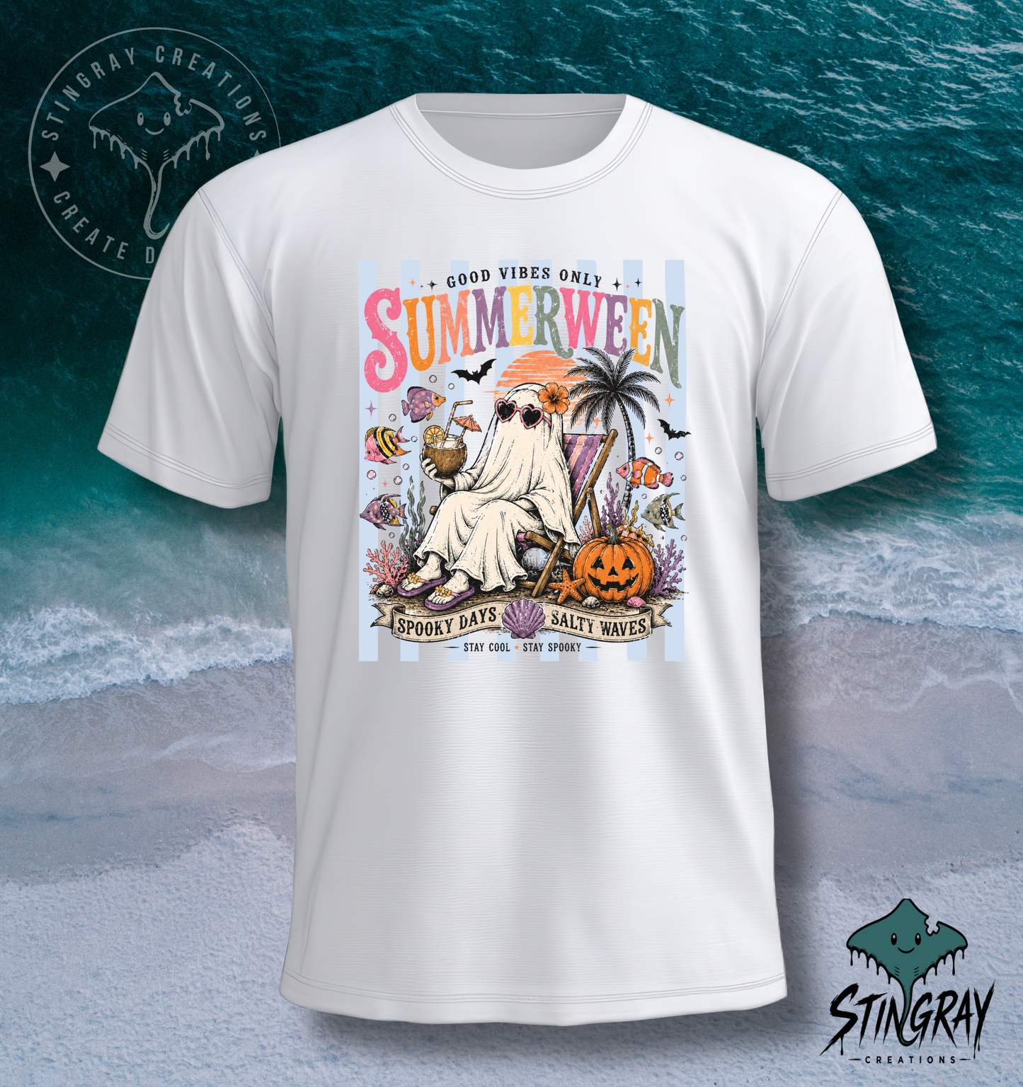 Summerween Ghost Beach T Shirt | Spooky Beach Shirt | Halloween Summer Graphic Tee | Coastal Ghost Shirt