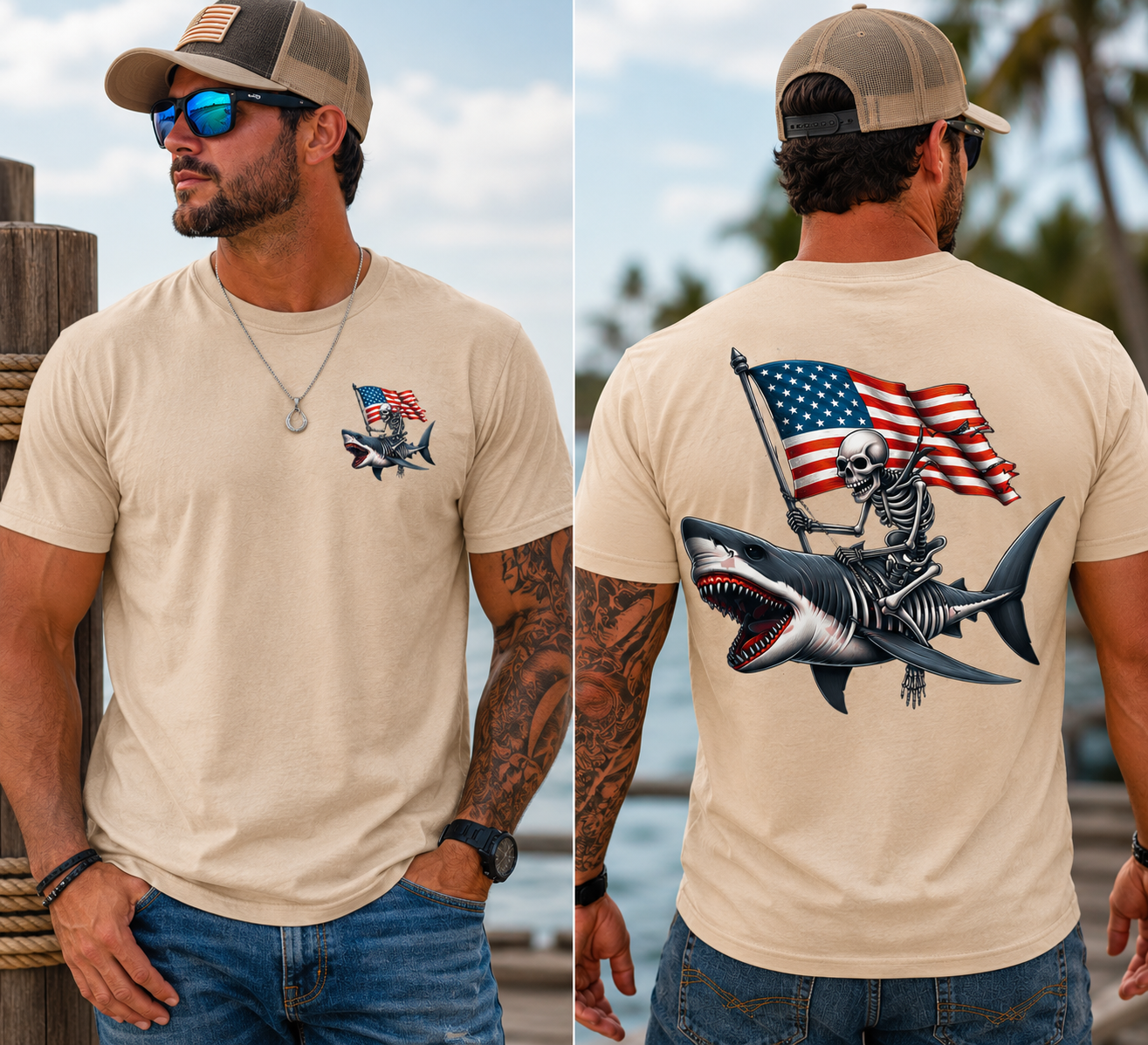 Patriotic Skeleton Riding Shark T Shirt | Fourth of July Beach Shirt