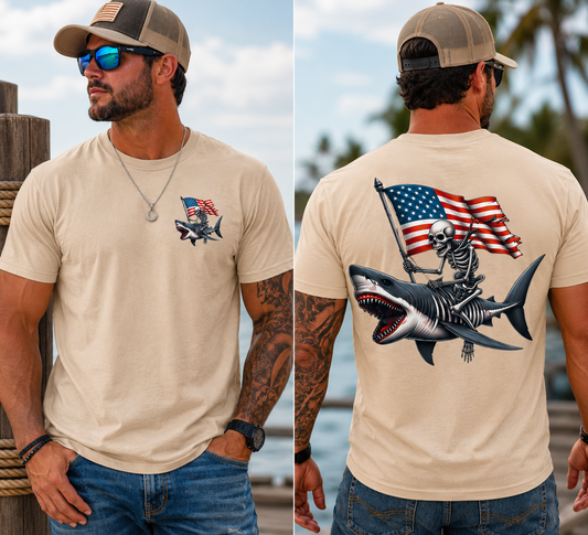 Patriotic Skeleton Riding Shark T Shirt | Fourth of July Beach Shirt