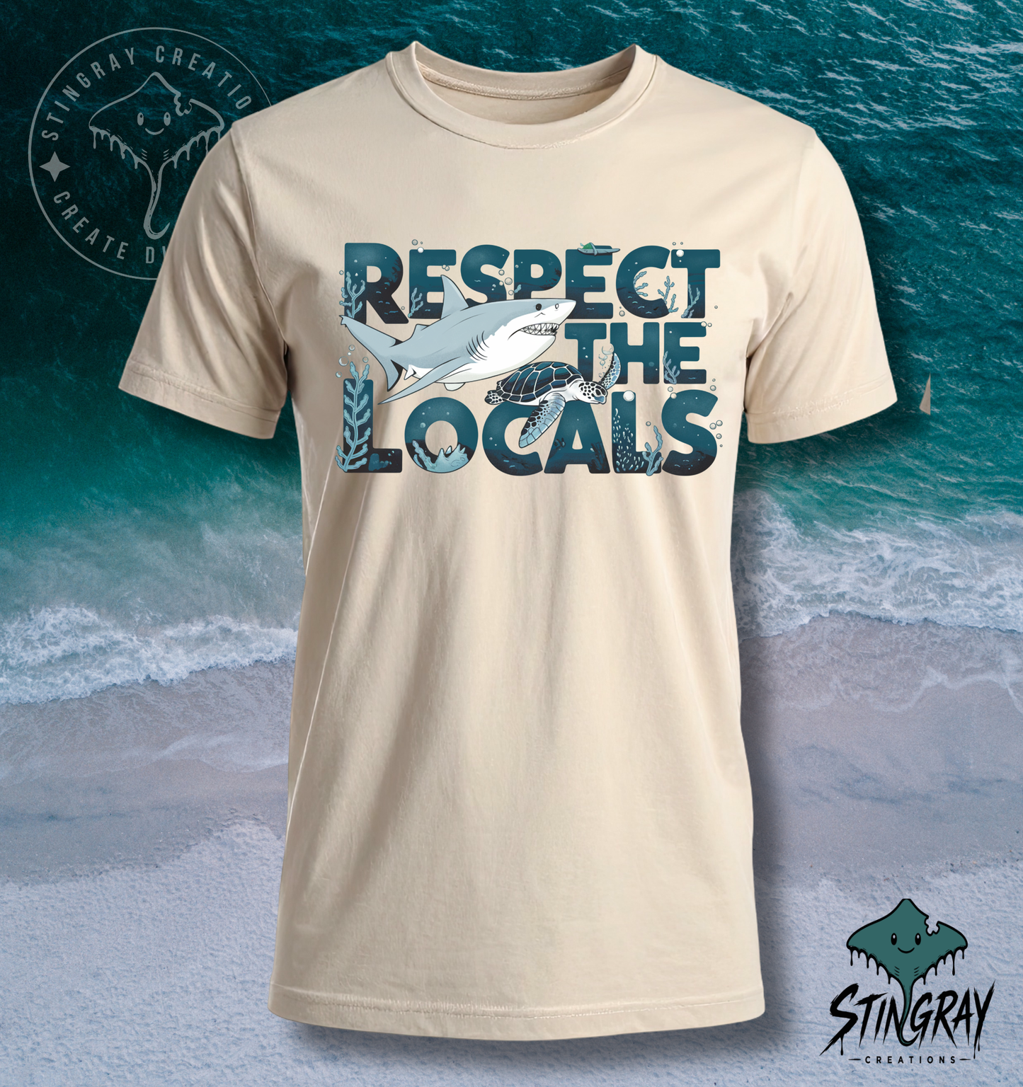 Respect the Locals Shark & Sea Turtle T Shirt | Ocean Conservation Graphic Tee | Coastal Beach Shirt