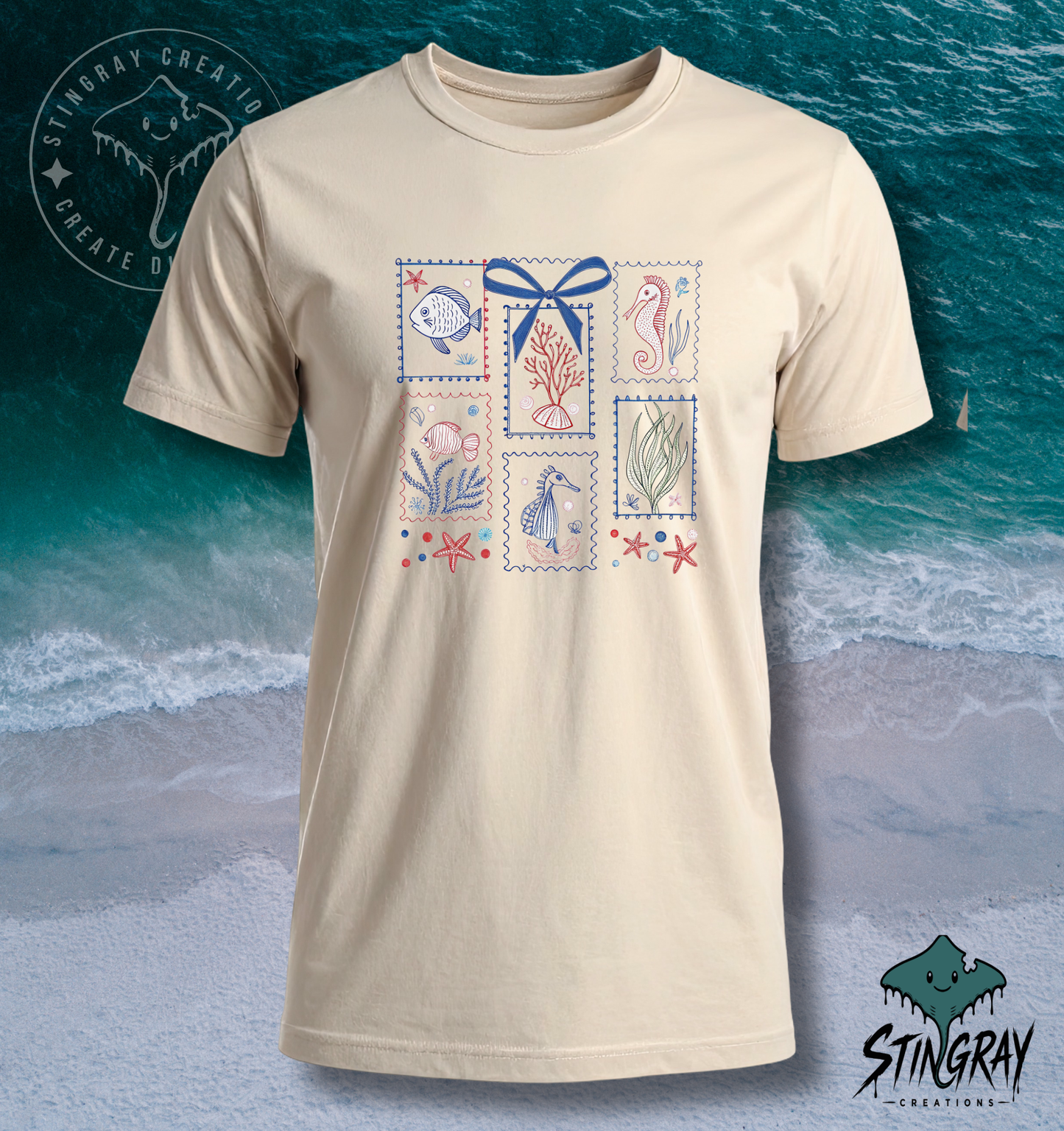 Coastal Sea Life Postage Stamp T Shirt | Beach Graphic Tee