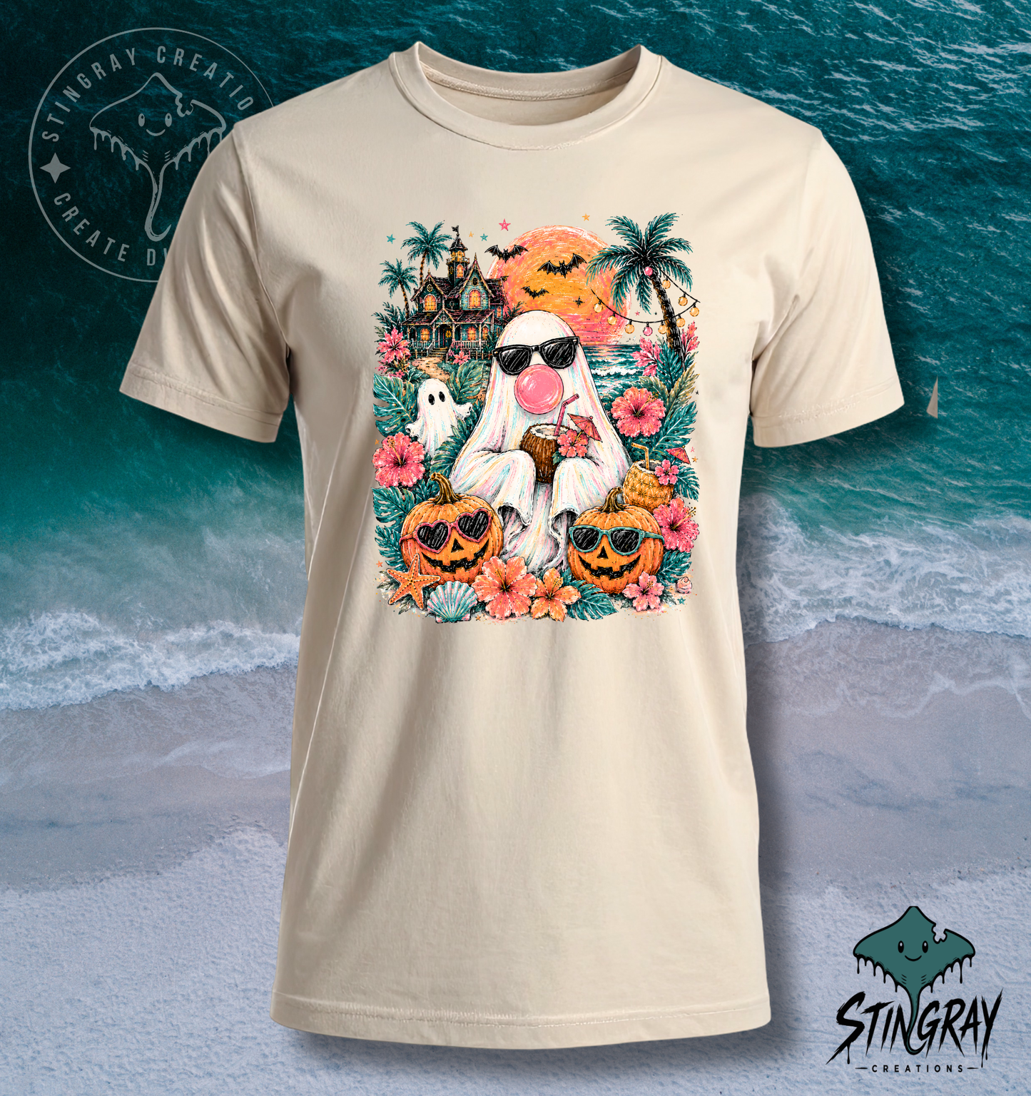 Summerween Beach Ghost T Shirt | Tropical Halloween Graphic Tee