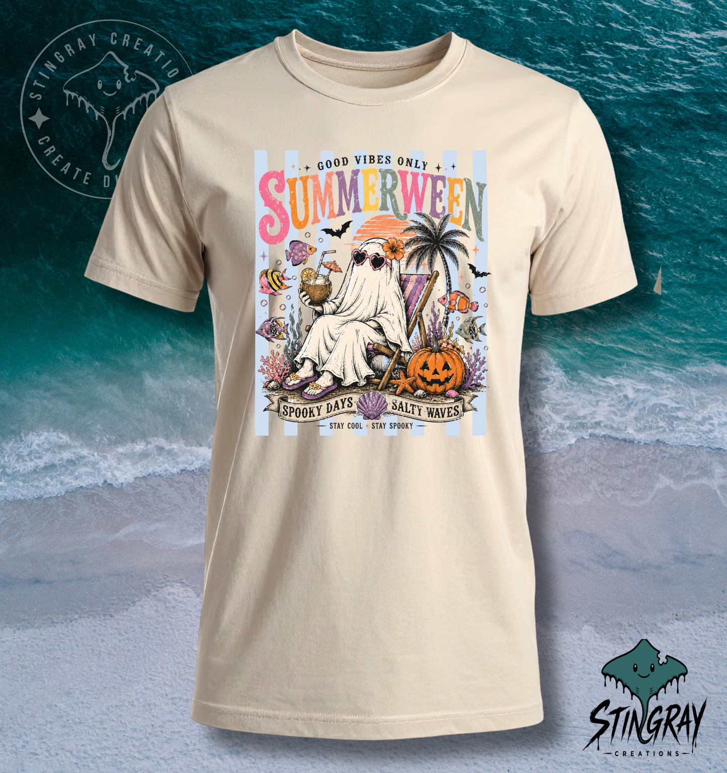 Summerween Ghost Beach T Shirt | Spooky Beach Shirt | Halloween Summer Graphic Tee | Coastal Ghost Shirt