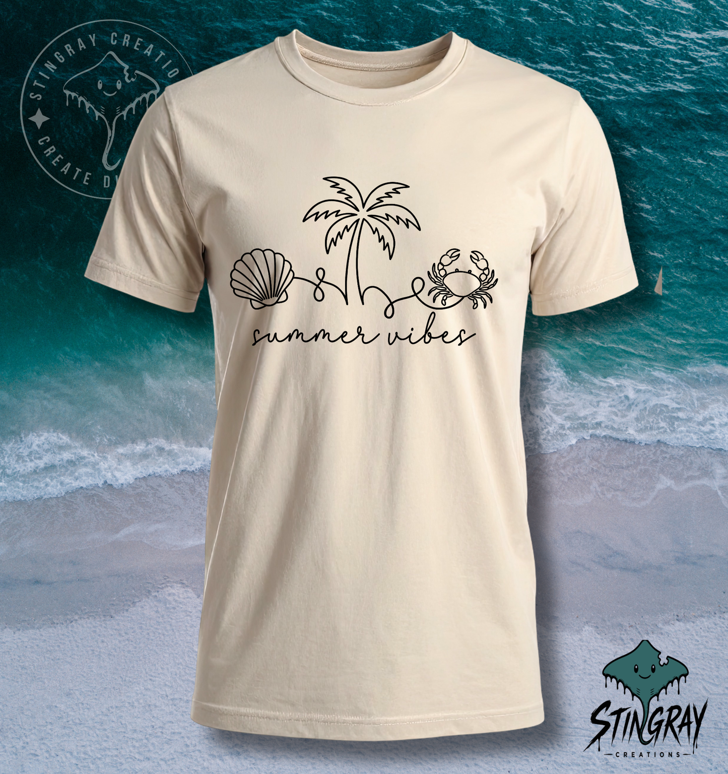 Summer Vibes Beach T Shirt | Coastal Graphic Tee | Shell Palm Tree Crab Shirt | Summer Vacation Shirt