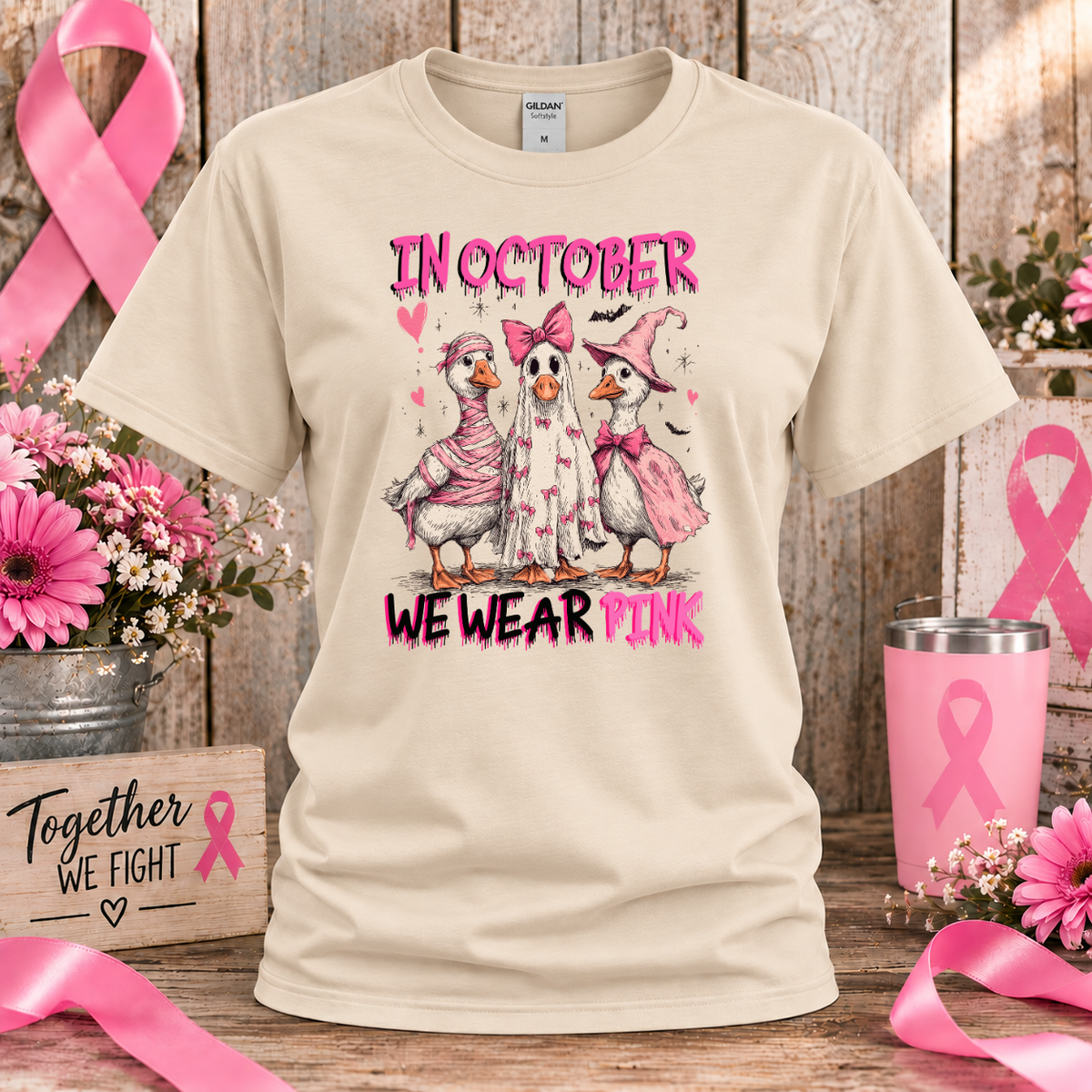 In October We Wear Pink Duck Breast Cancer Awareness T-Shirt & Sweatshirt