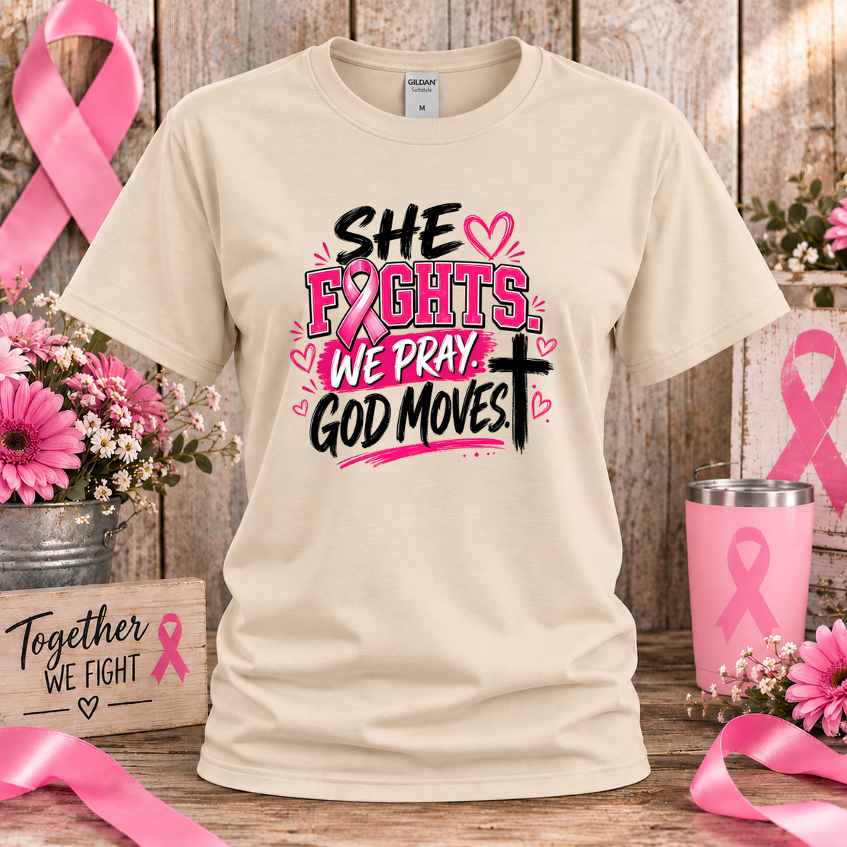 She Fights, We Pray, God Moves Breast Cancer Awareness T-Shirt & Sweatshirt