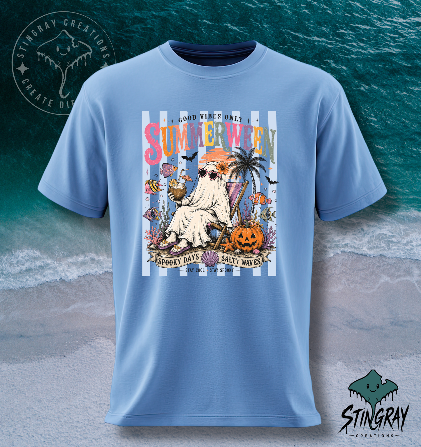 Summerween Ghost Beach T Shirt | Spooky Beach Shirt | Halloween Summer Graphic Tee | Coastal Ghost Shirt