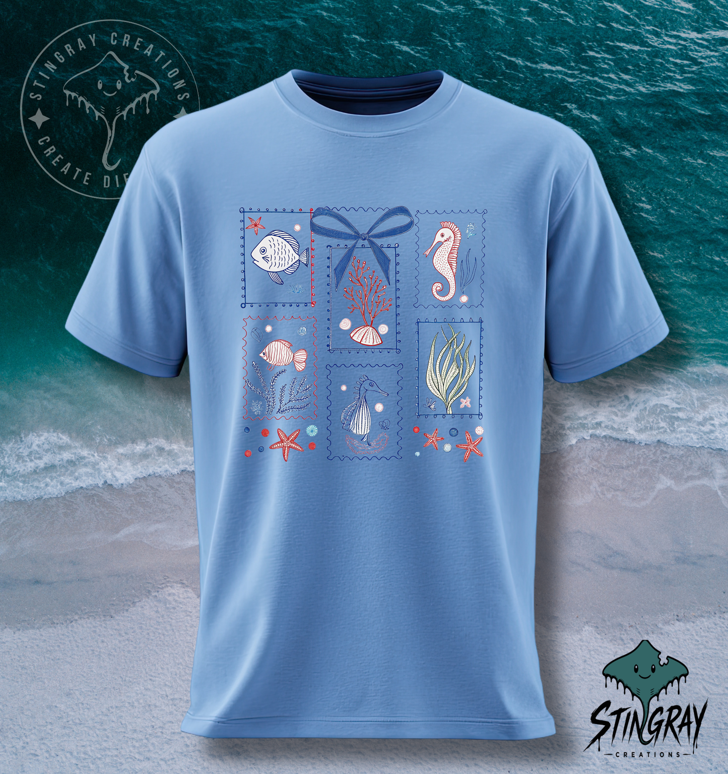 Coastal Sea Life Postage Stamp T Shirt | Beach Graphic Tee