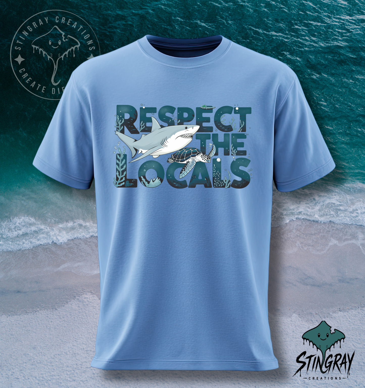 Respect the Locals Shark & Sea Turtle T Shirt | Ocean Conservation Graphic Tee | Coastal Beach Shirt