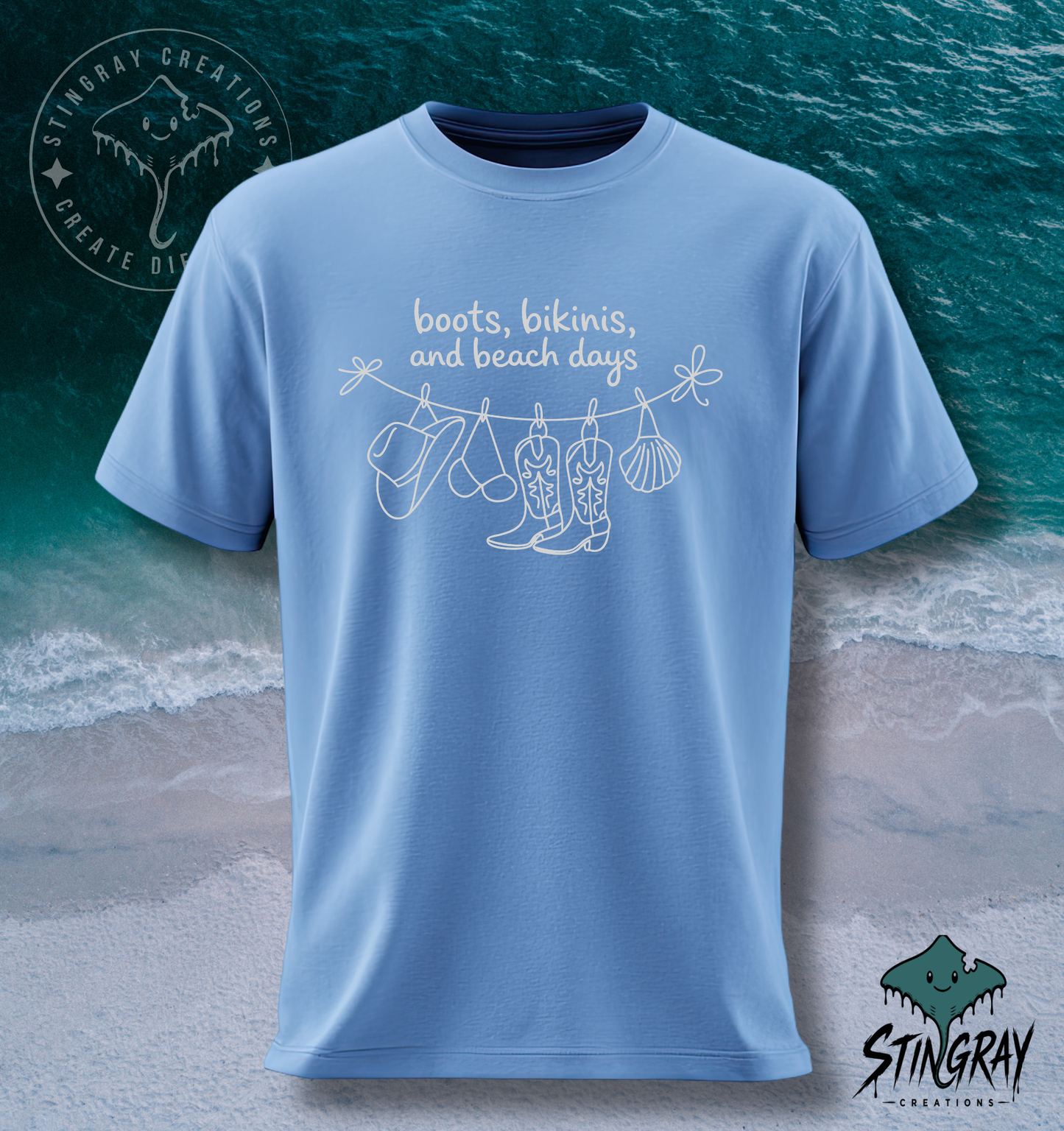 Boots, Bikinis & Beach Days T Shirt | Coastal Cowgirl Graphic Tee | Western Beach Shirt
