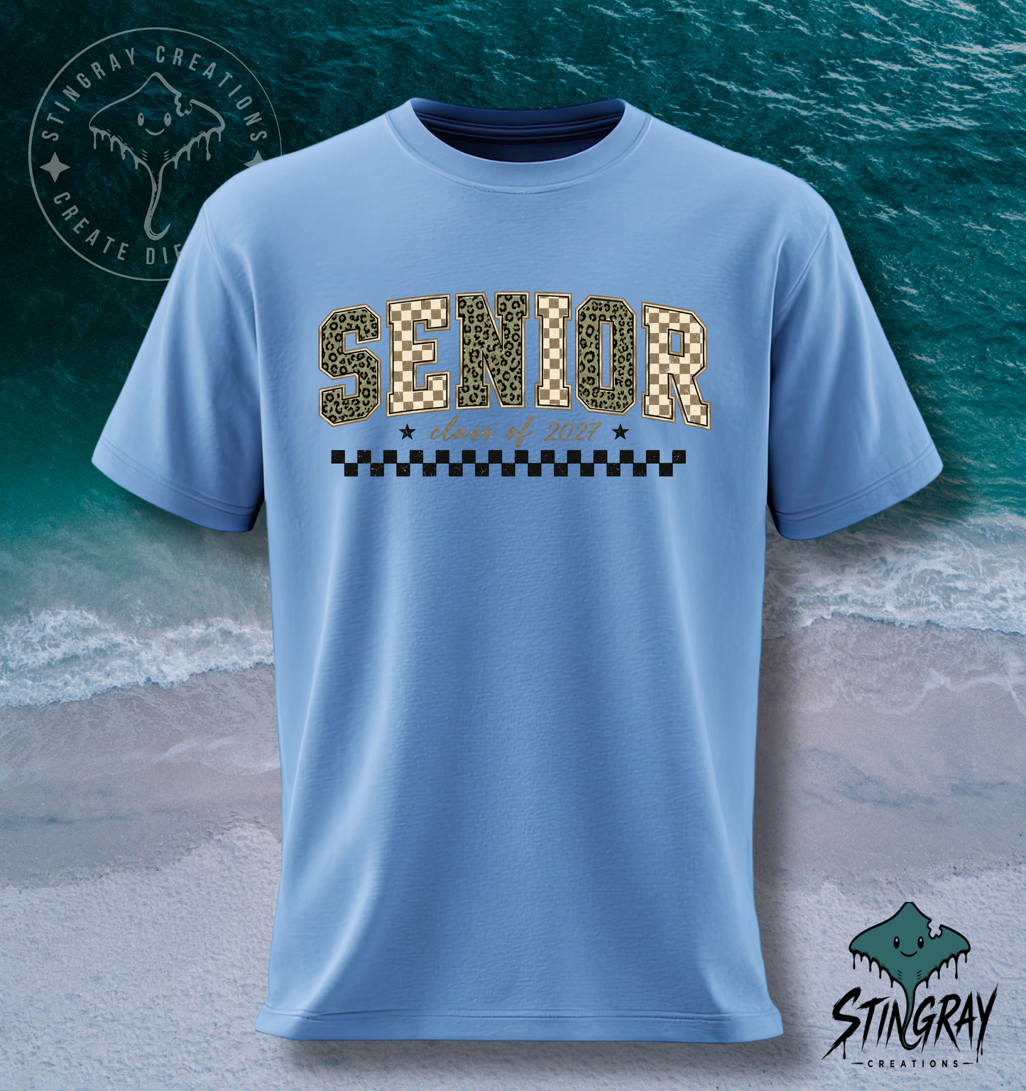 Senior Class of 2027 Checkered Leopard Print T Shirt & Crewneck Sweatshirt