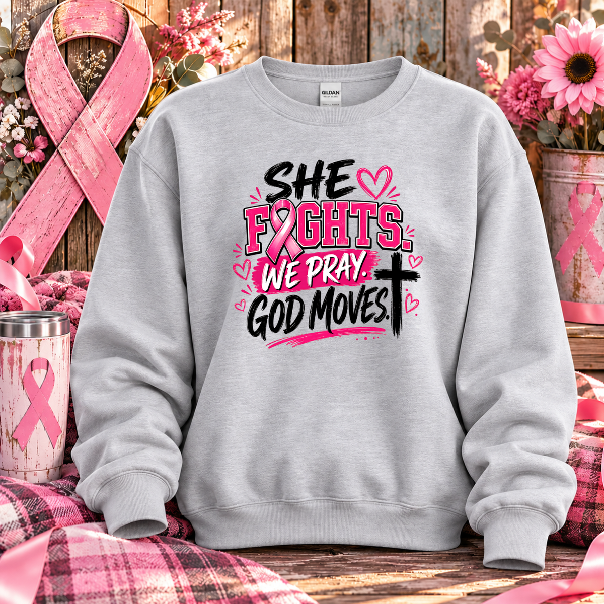 She Fights, We Pray, God Moves Breast Cancer Awareness T-Shirt & Sweatshirt
