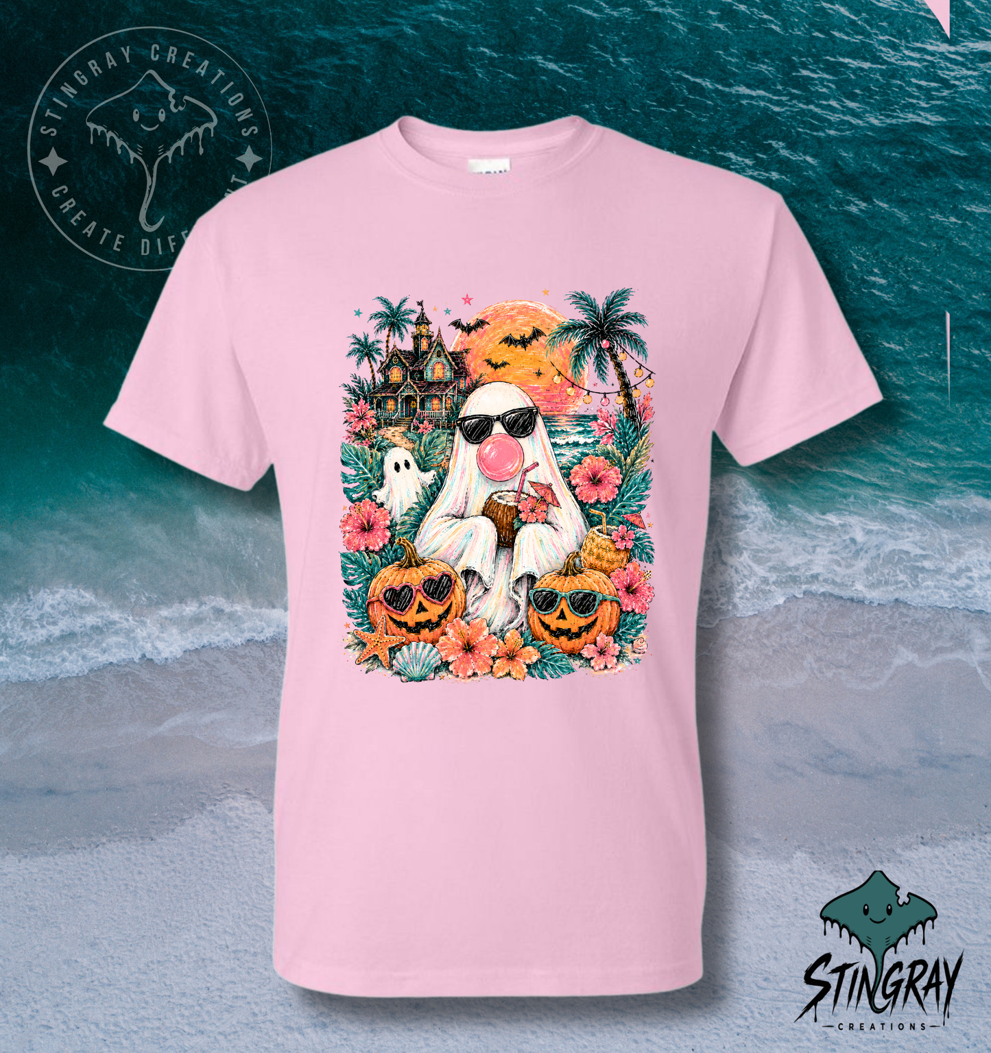 Summerween Beach Ghost T Shirt | Tropical Halloween Graphic Tee
