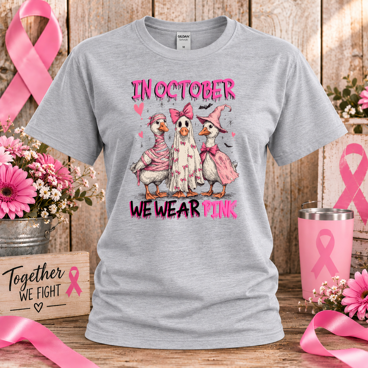 In October We Wear Pink Duck Breast Cancer Awareness T-Shirt & Sweatshirt
