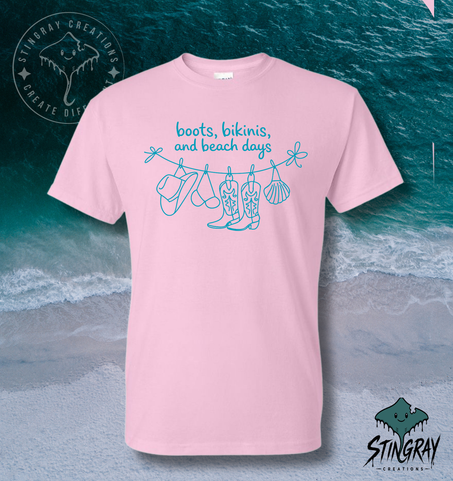 Boots, Bikinis & Beach Days T Shirt | Coastal Cowgirl Graphic Tee | Western Beach Shirt