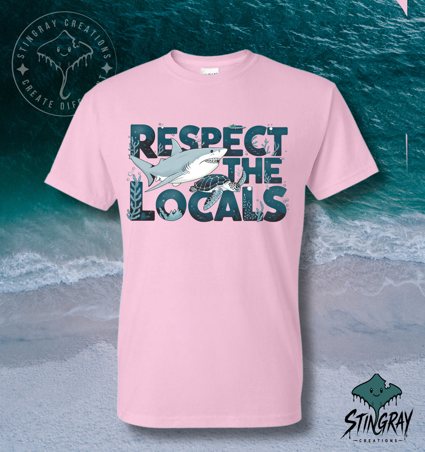 Respect the Locals Shark & Sea Turtle T Shirt | Ocean Conservation Graphic Tee | Coastal Beach Shirt