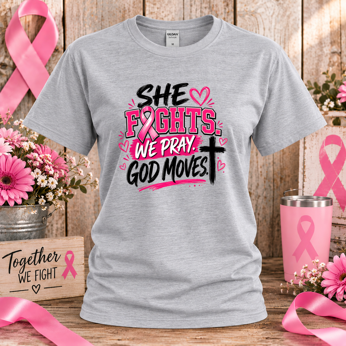 She Fights, We Pray, God Moves Breast Cancer Awareness T-Shirt & Sweatshirt