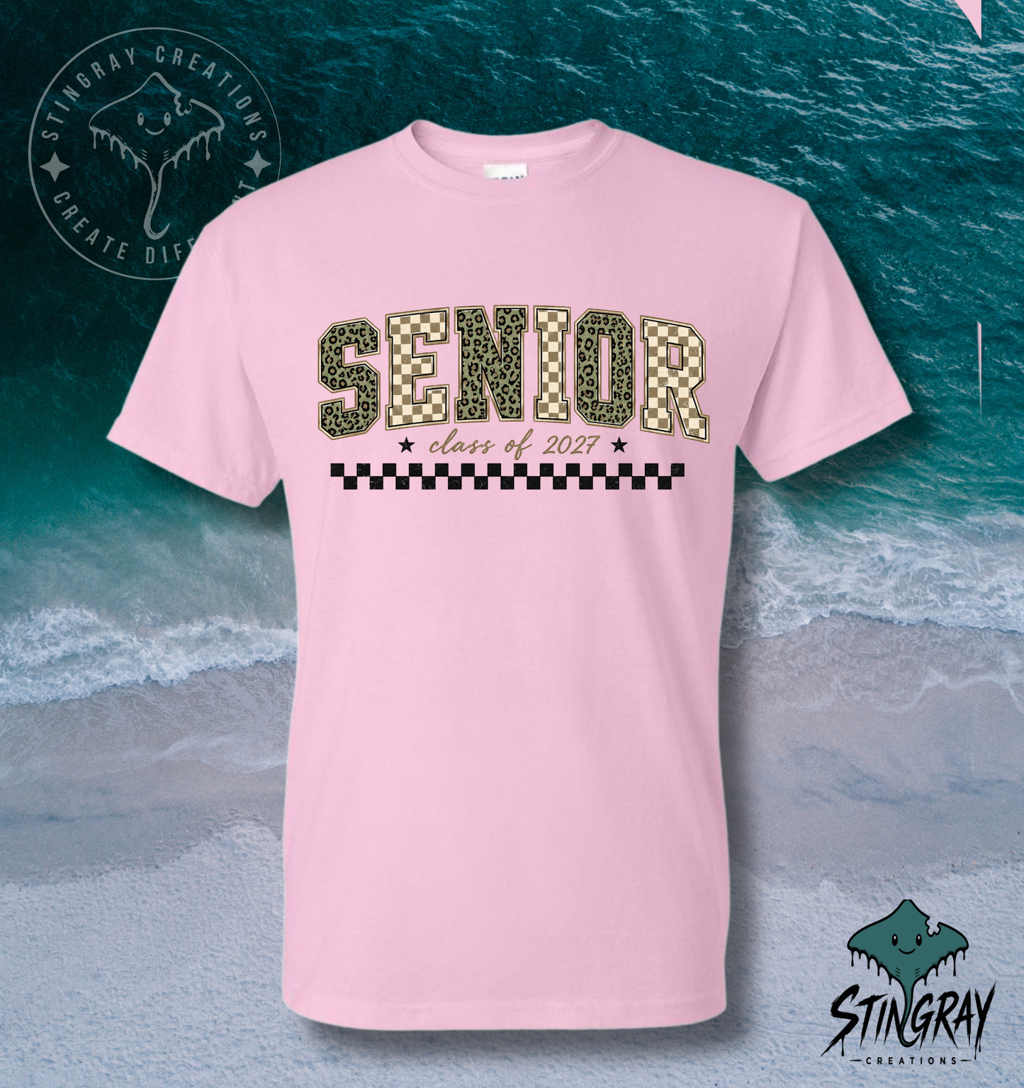 Senior Class of 2027 Checkered Leopard Print T Shirt & Crewneck Sweatshirt