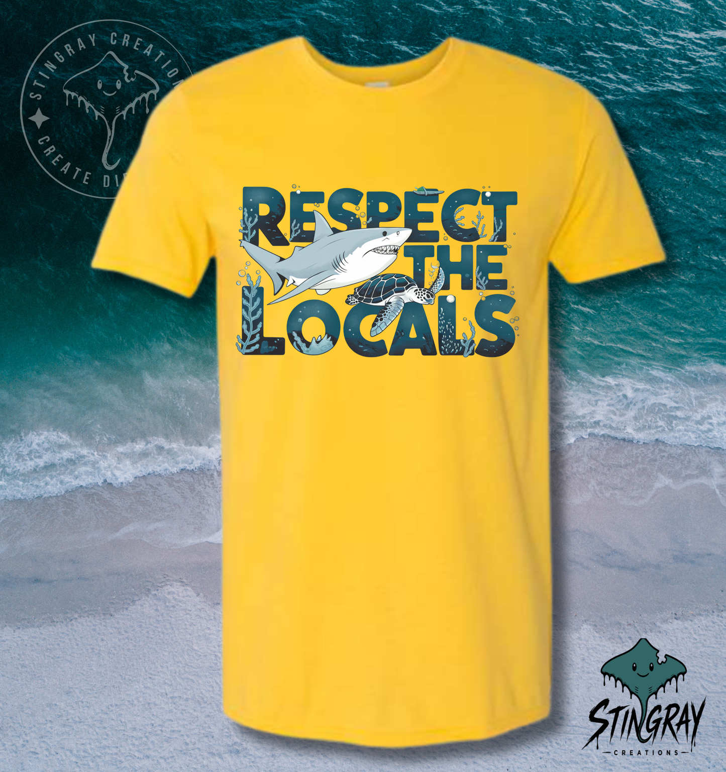 Respect the Locals Shark & Sea Turtle T Shirt | Ocean Conservation Graphic Tee | Coastal Beach Shirt