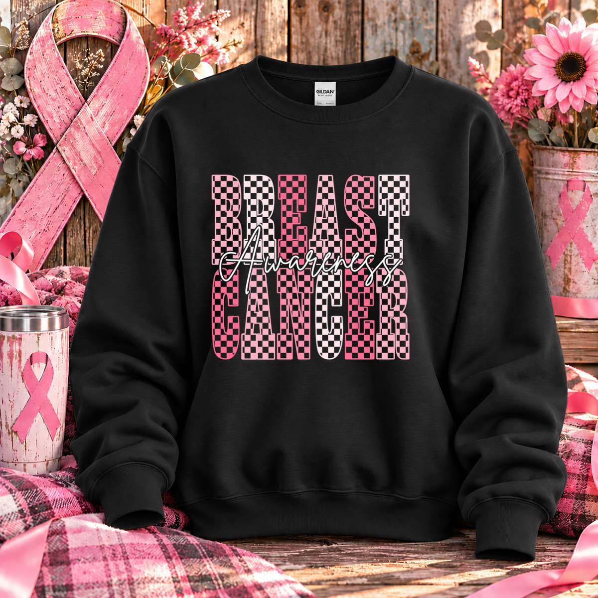 Breast Cancer Awareness Checkered T-Shirt & Sweatshirt
