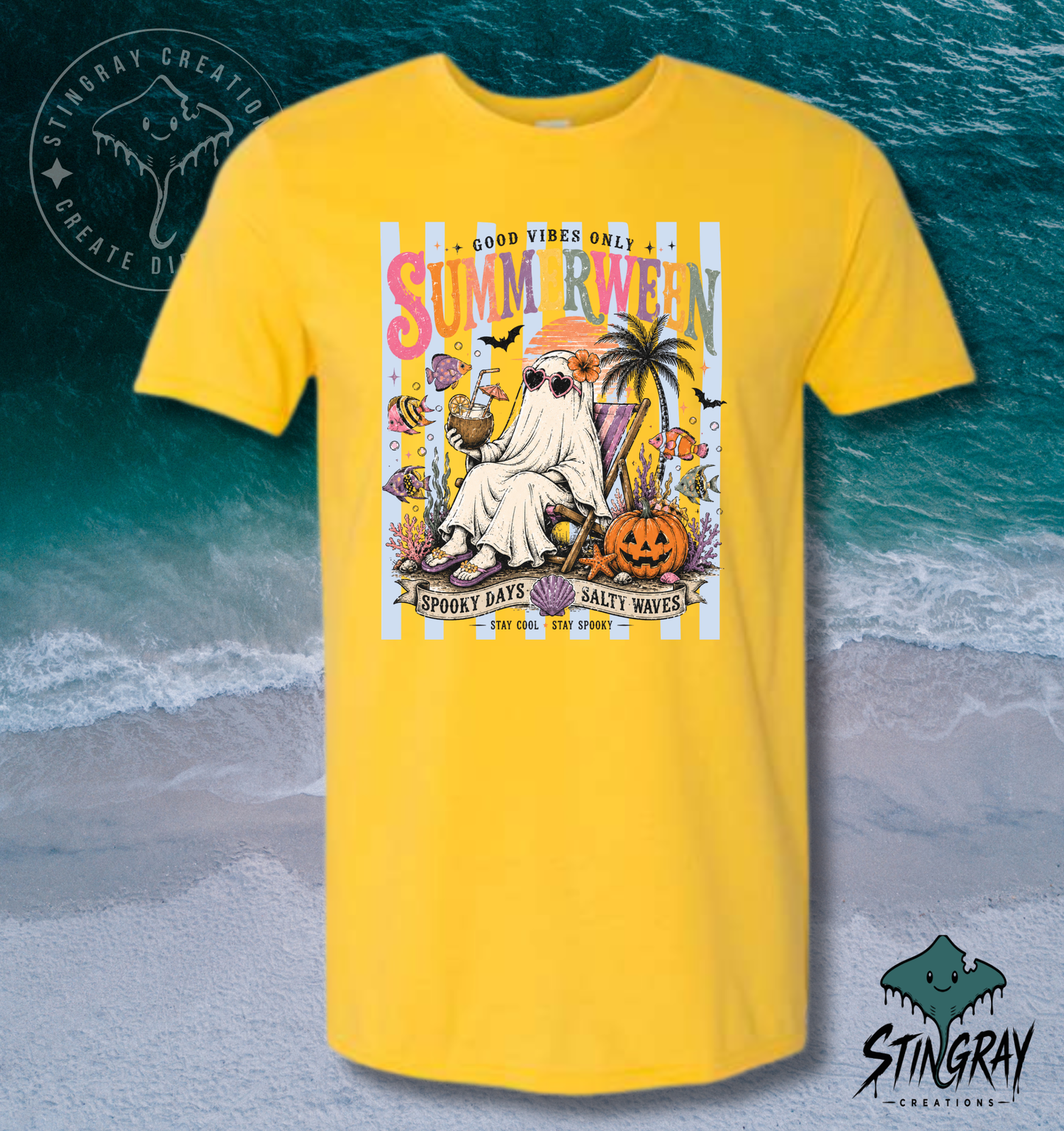 Summerween Ghost Beach T Shirt | Spooky Beach Shirt | Halloween Summer Graphic Tee | Coastal Ghost Shirt
