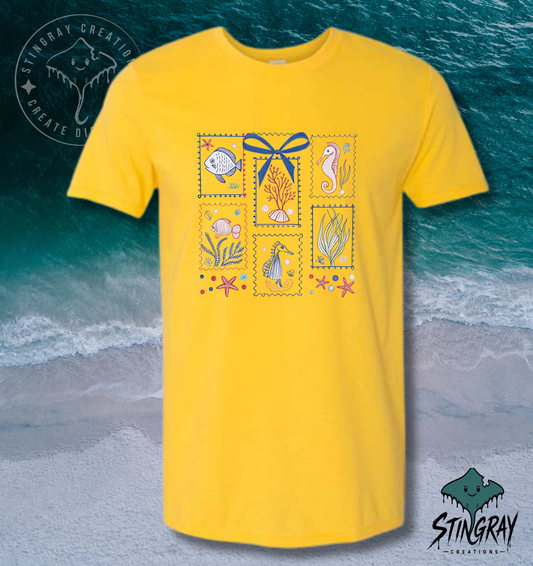 Coastal Sea Life Postage Stamp T Shirt | Beach Graphic Tee