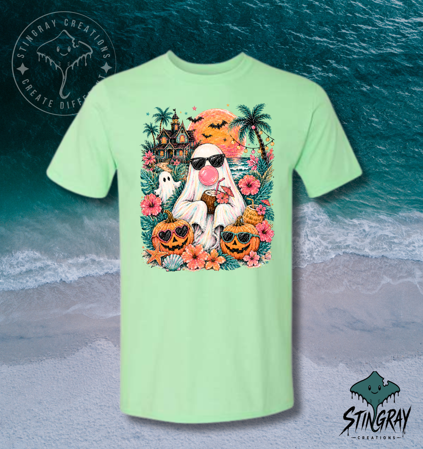 Summerween Beach Ghost T Shirt | Tropical Halloween Graphic Tee