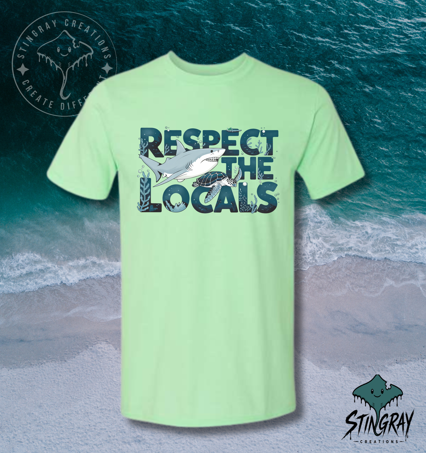Respect the Locals Shark & Sea Turtle T Shirt | Ocean Conservation Graphic Tee | Coastal Beach Shirt