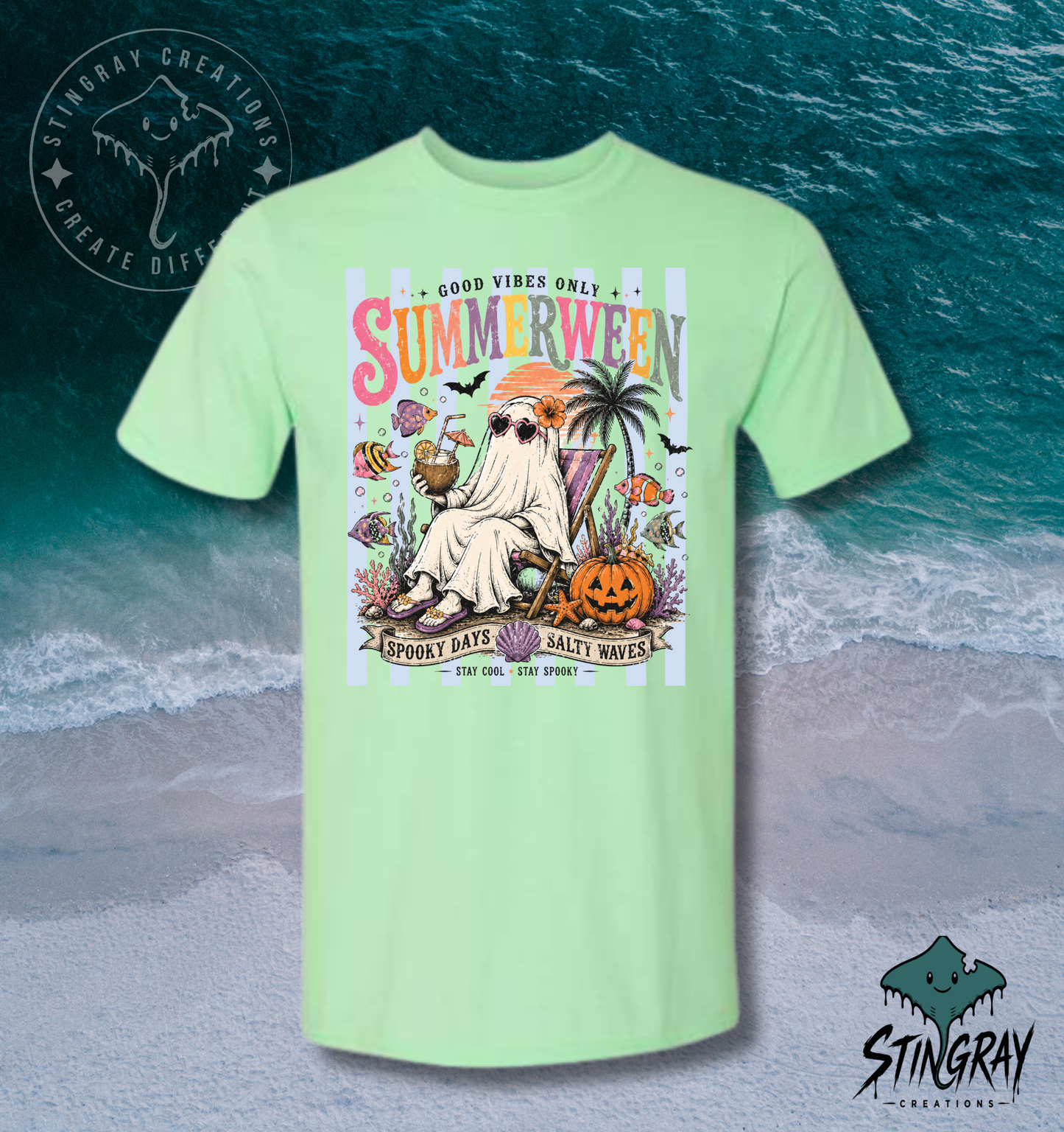 Summerween Ghost Beach T Shirt | Spooky Beach Shirt | Halloween Summer Graphic Tee | Coastal Ghost Shirt