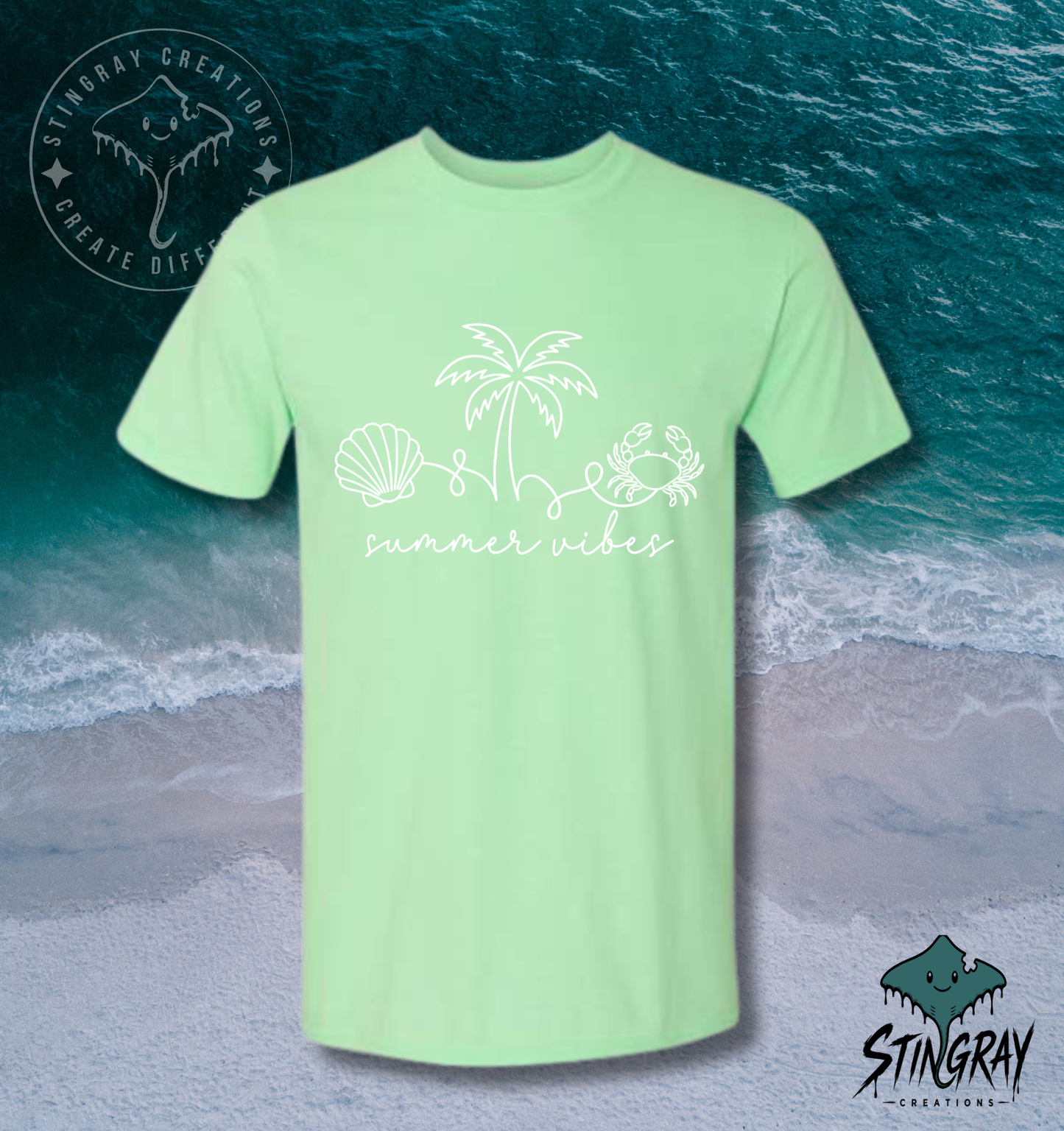 Summer Vibes Beach T Shirt | Coastal Graphic Tee | Shell Palm Tree Crab Shirt | Summer Vacation Shirt