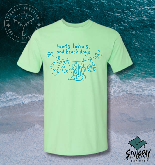 Boots, Bikinis & Beach Days T Shirt | Coastal Cowgirl Graphic Tee | Western Beach Shirt