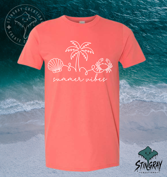 Summer Vibes Beach T Shirt | Coastal Graphic Tee | Shell Palm Tree Crab Shirt | Summer Vacation Shirt