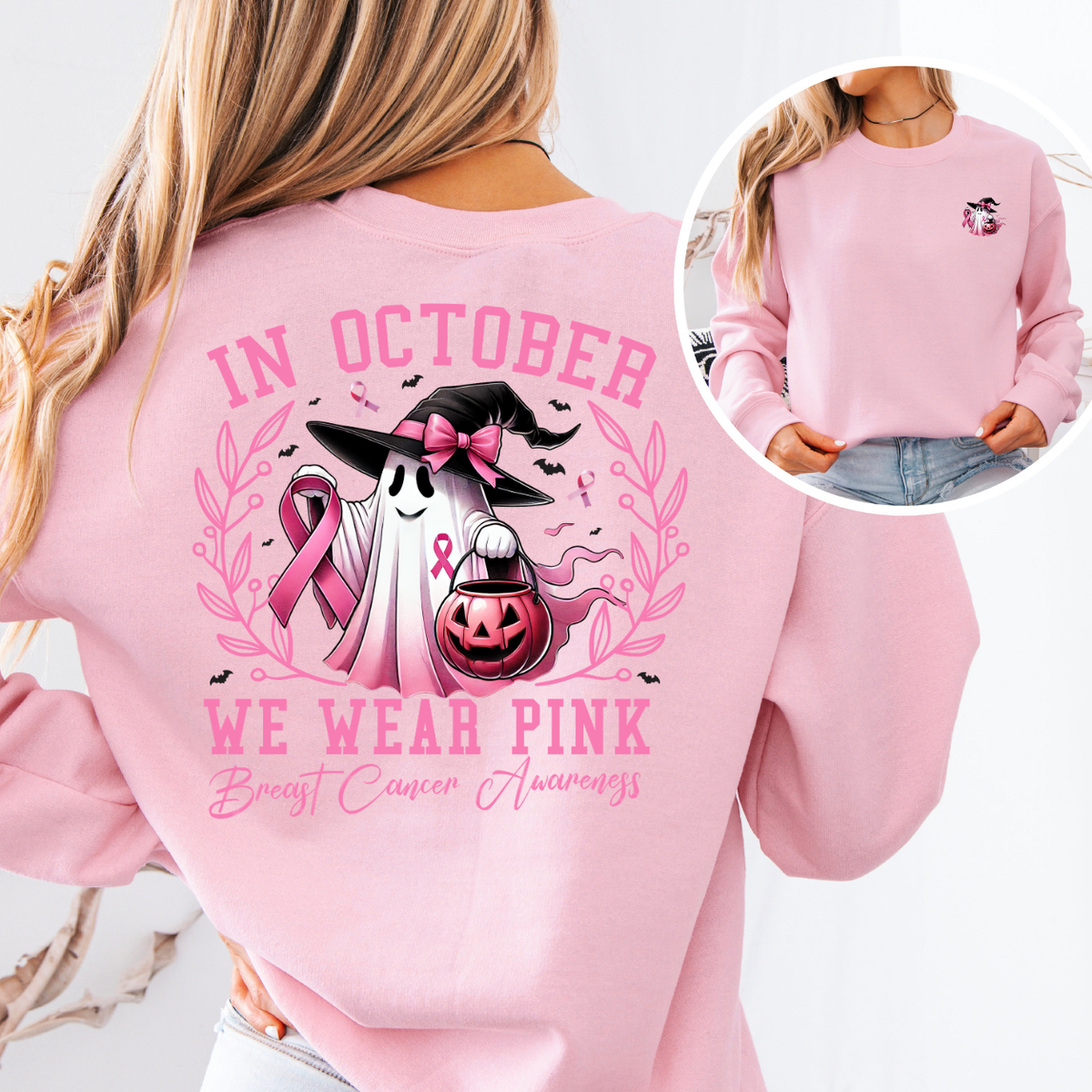 In October We Wear Pink Ghost Breast Cancer Awareness T-Shirt & Sweatshirt