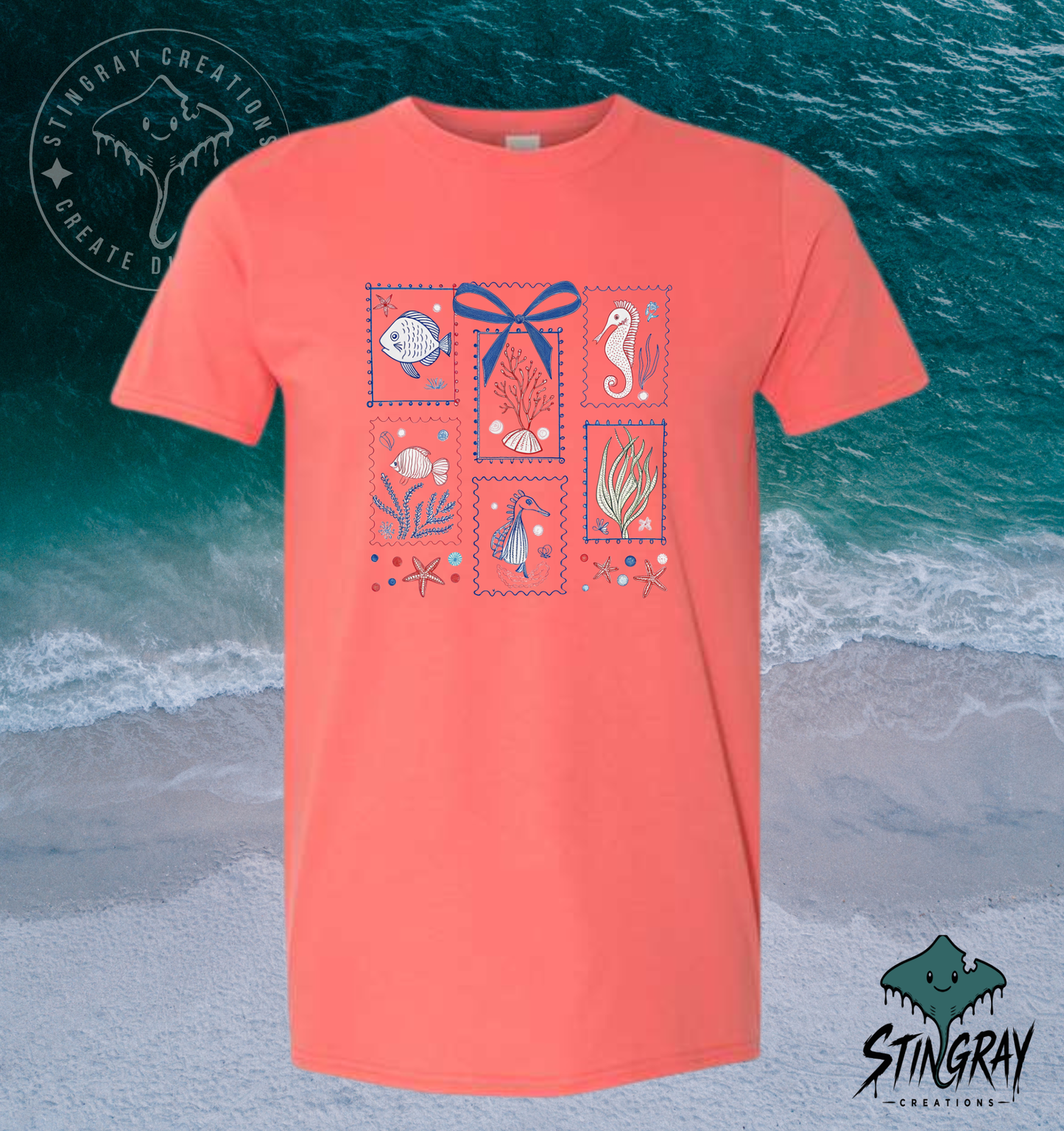 Coastal Sea Life Postage Stamp T Shirt | Beach Graphic Tee