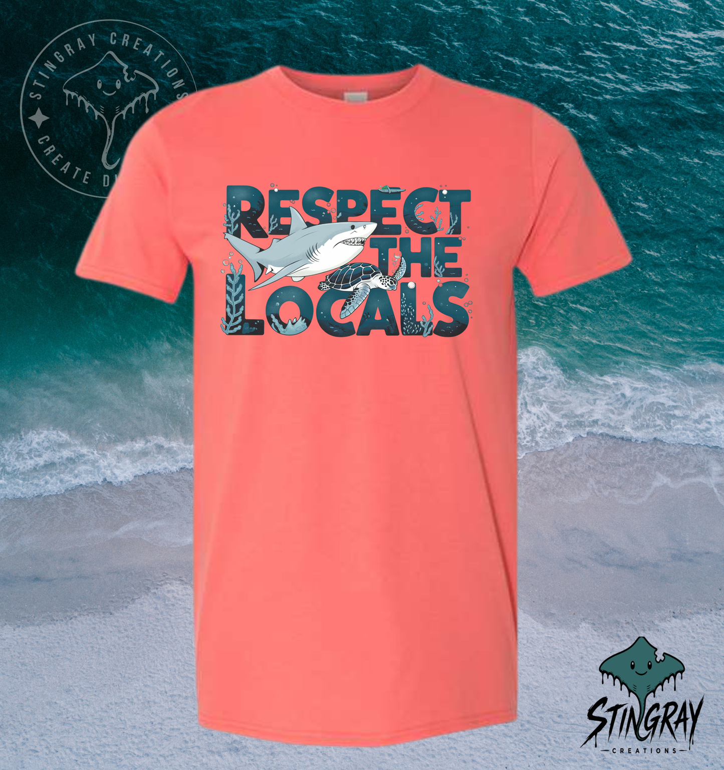 Respect the Locals Shark & Sea Turtle T Shirt | Ocean Conservation Graphic Tee | Coastal Beach Shirt