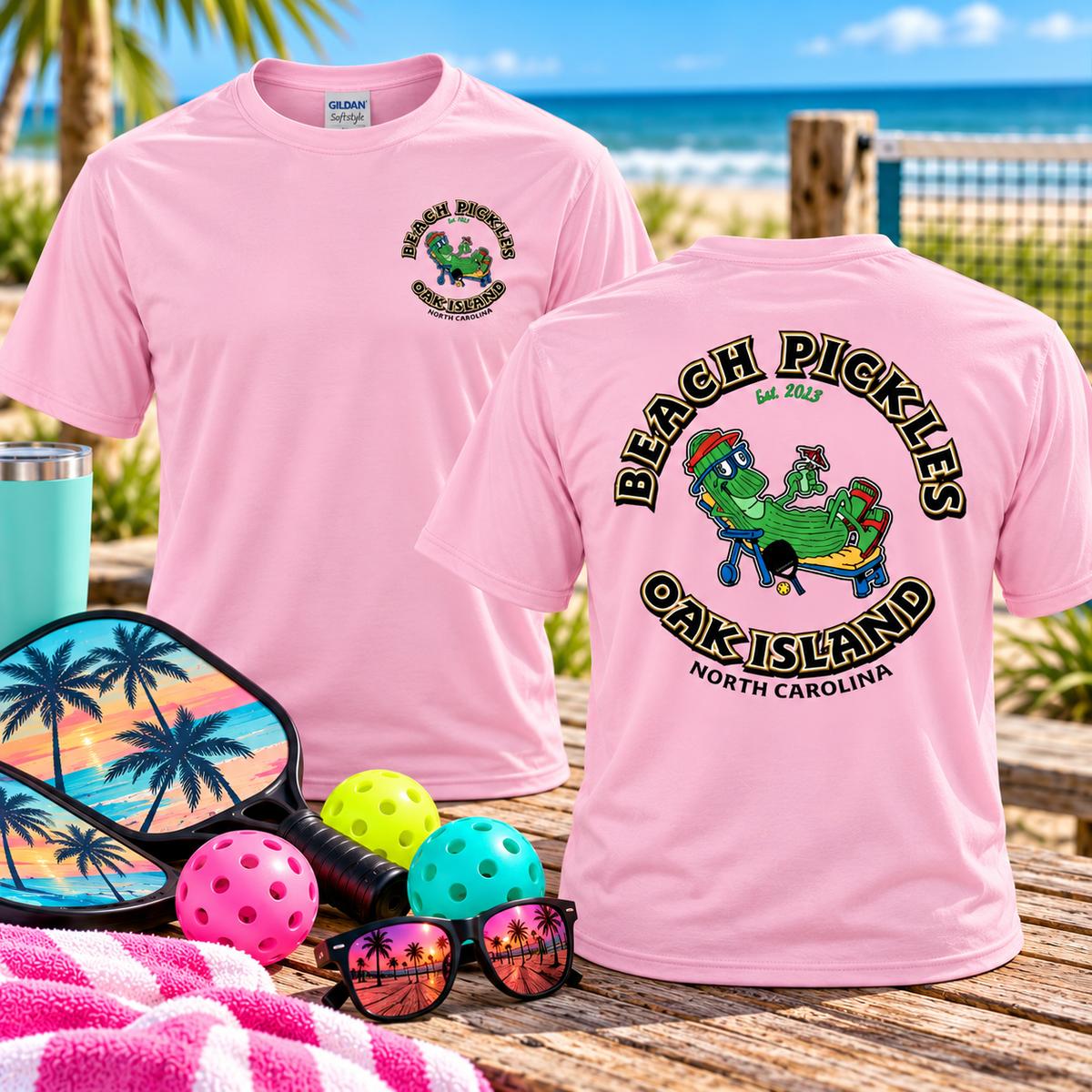 Beach Pickles Oak Island NC Cotton T-Shirt | Gildan Softstye