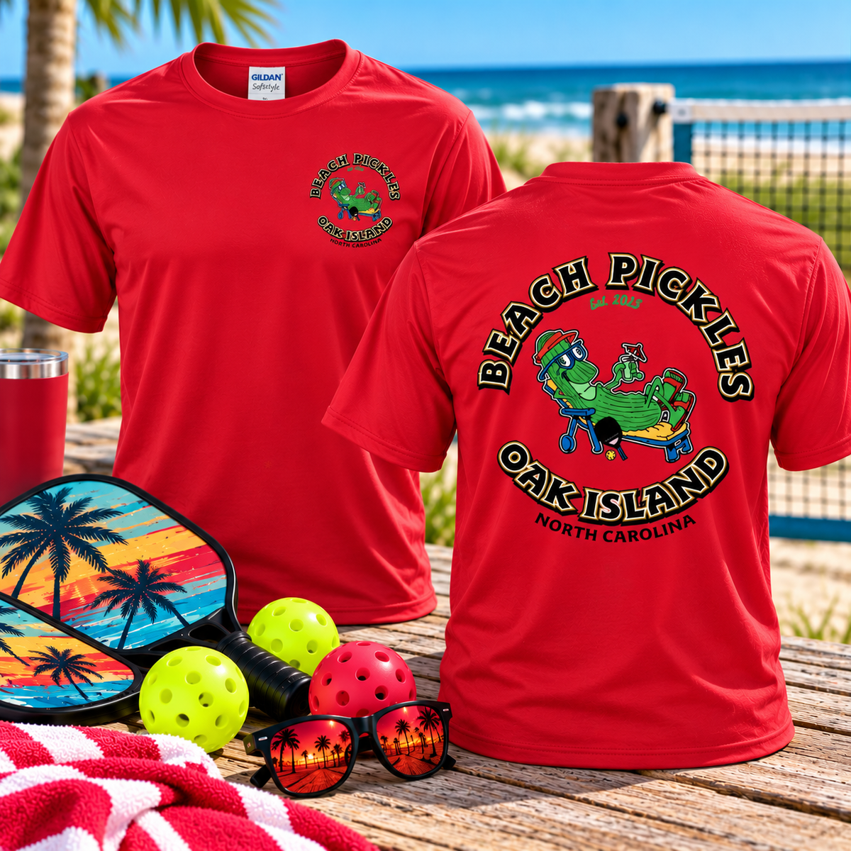 Beach Pickles Oak Island NC Cotton T-Shirt | Gildan Softstye