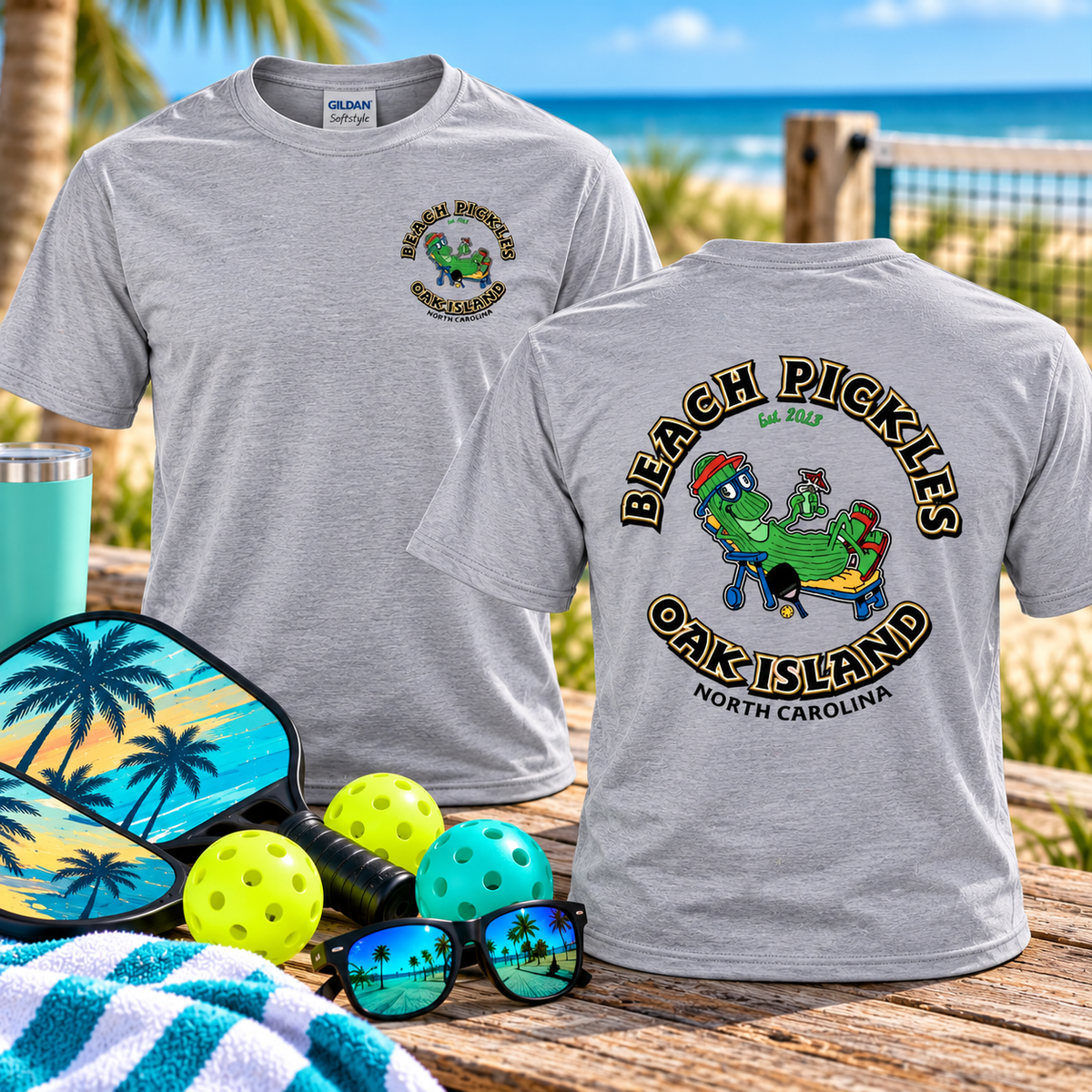 Beach Pickles Oak Island NC Cotton T-Shirt | Gildan Softstye