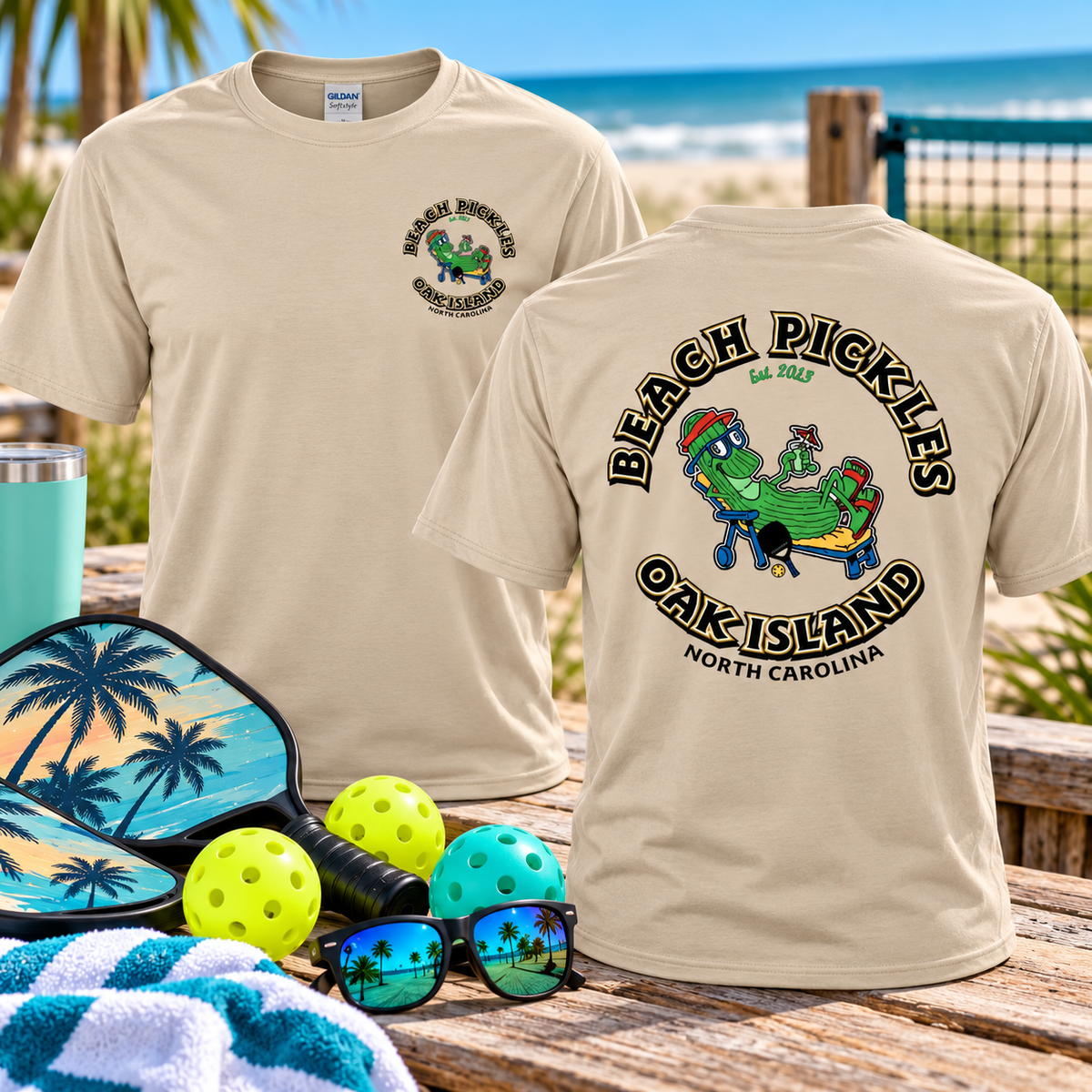 Beach Pickles Oak Island NC Cotton T-Shirt | Gildan Softstye