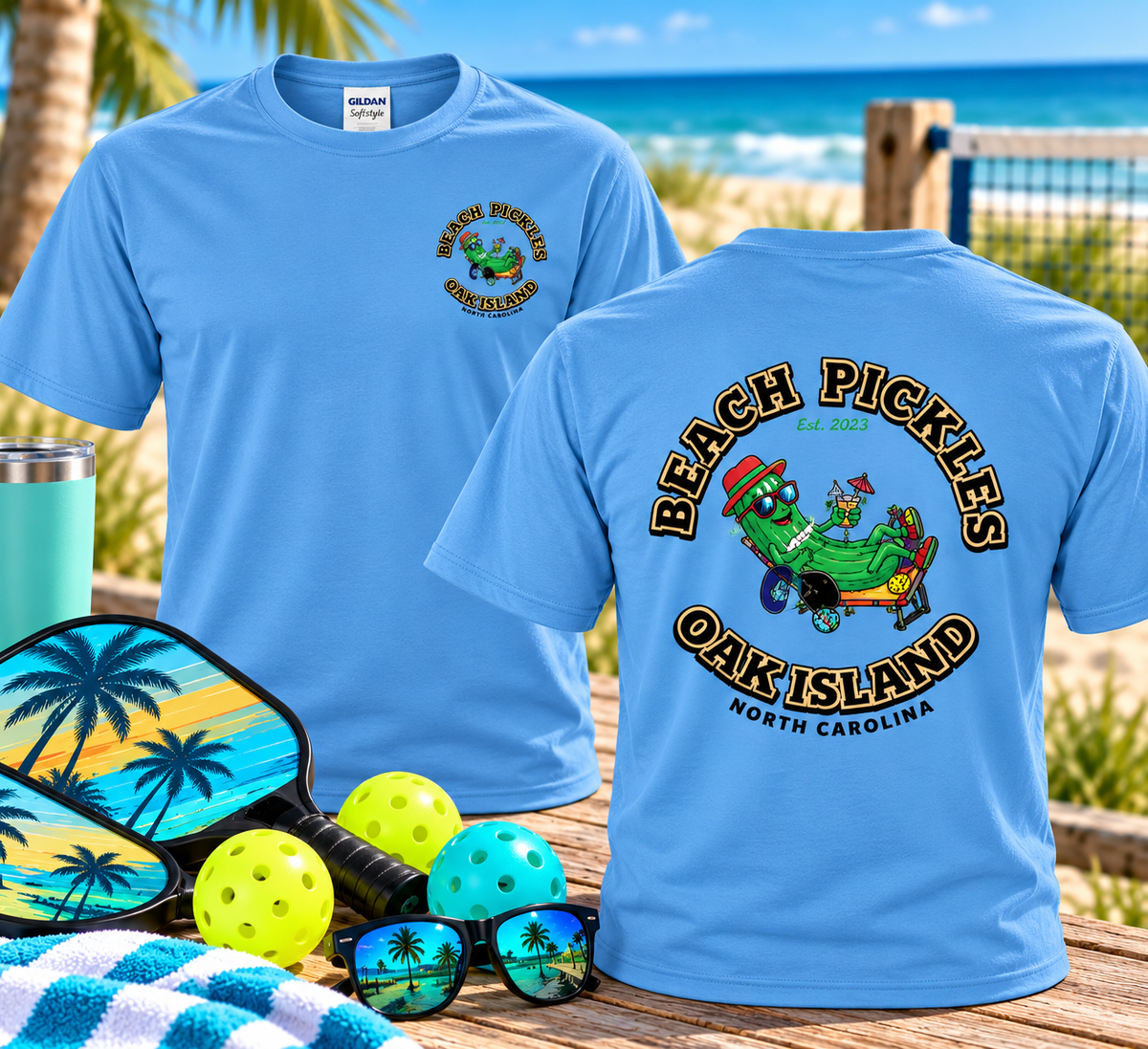 Beach Pickles Oak Island NC Cotton T-Shirt | Gildan Softstye