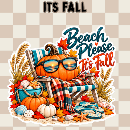Beach Please It’s Fall coastal sticker with pumpkin wearing sunglasses, beach chair, fall leaves, seashells, starfish and flip flops