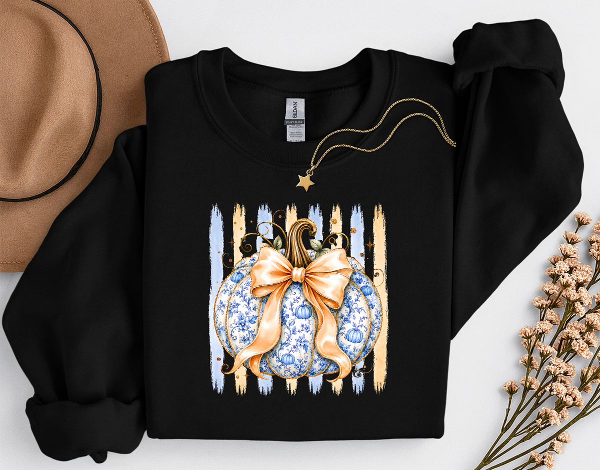 Blue Floral Pumpkin Crewneck Sweatshirt | Coquette Fall Pumpkin Sweatshirt