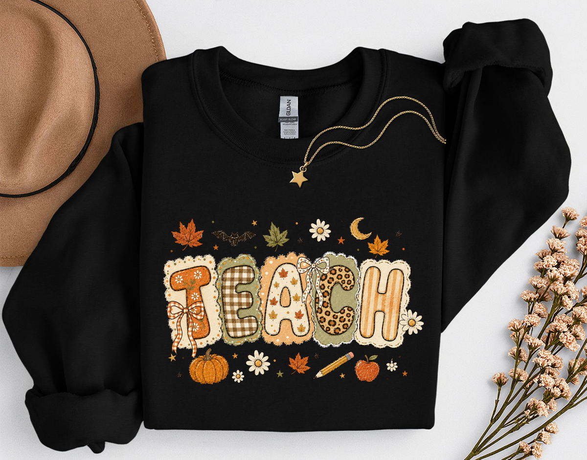 Teacher Fall Crewneck Sweatshirt | Patchwork Teacher Shirt | Cozy Autumn Teacher Sweatshirt