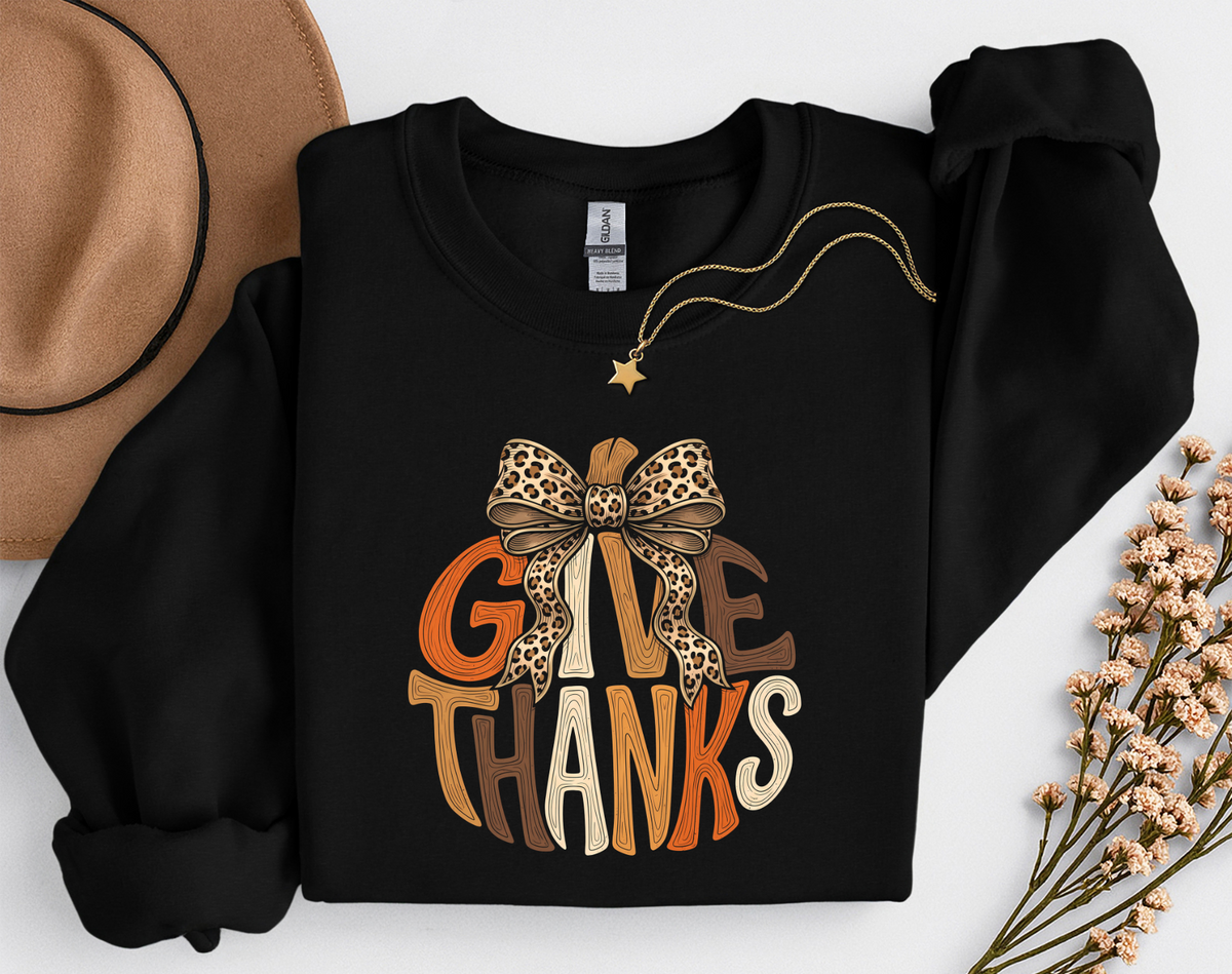 Give Thanks Leopard Bow Fall T-Shirt or Sweatshirt | Thanksgiving Apparel