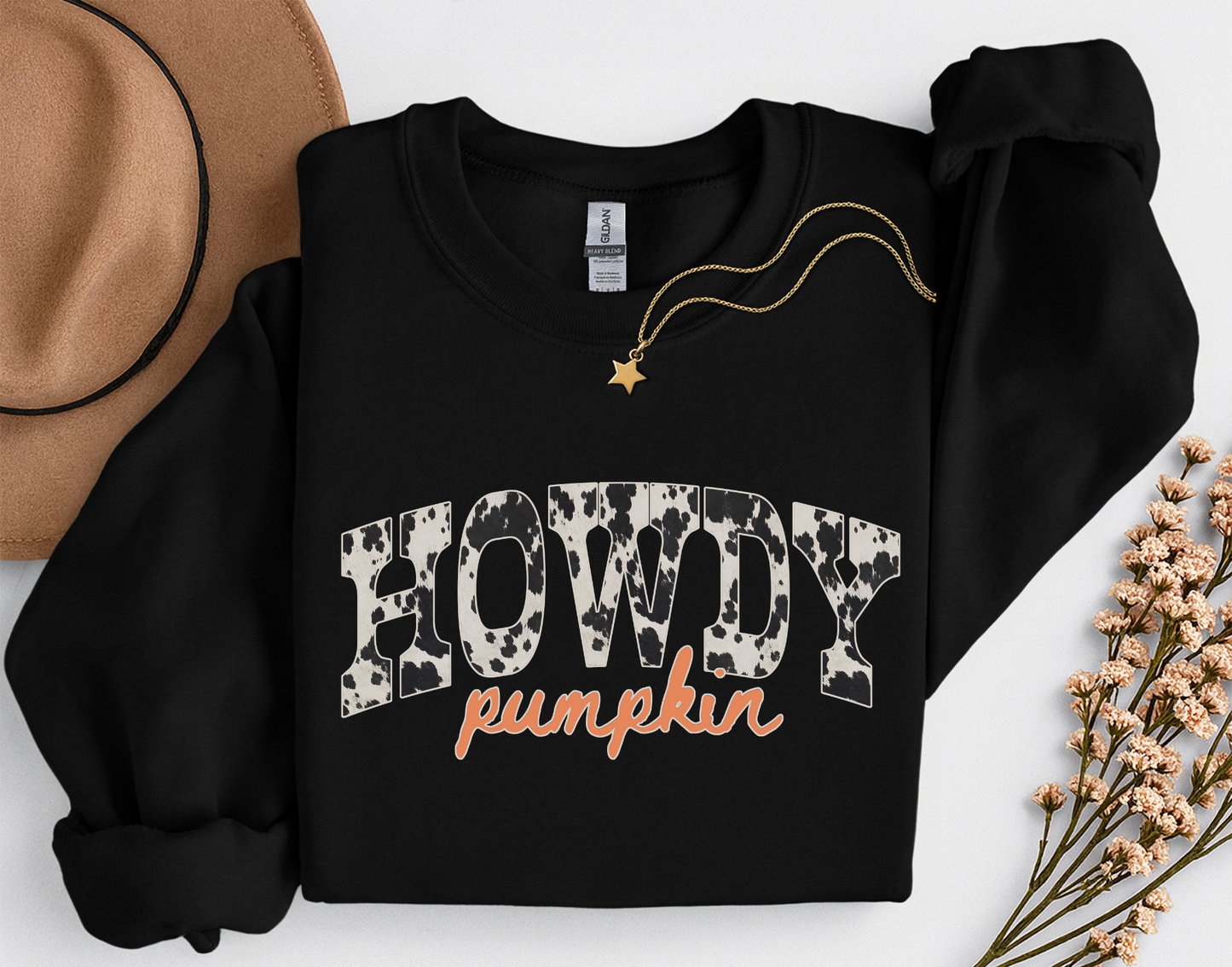 Howdy Pumpkin Cow Print Fall Shirt | Western Autumn T-Shirt & Crewneck Sweatshirt